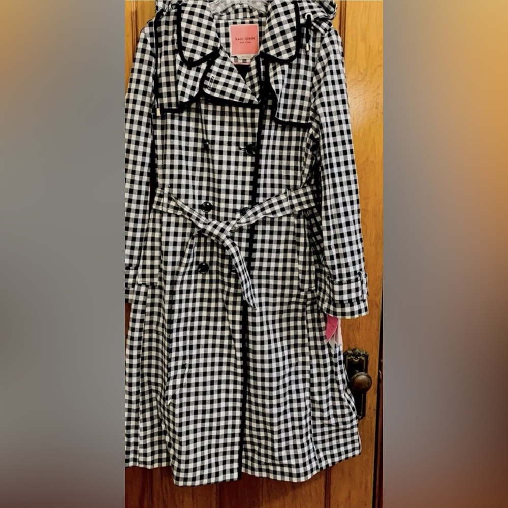 Kate Spade Black and White Gingham Checkered Trench Coat with Detachable Hood - Picture 4 of 7